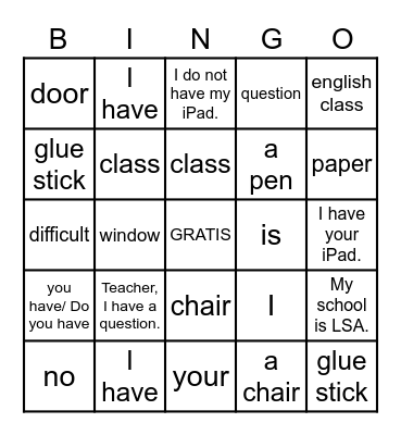 4th Grade Classroom Bingo Card