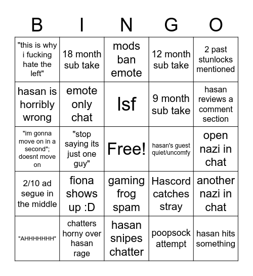 Hasanabi Stunlock Bingo Card