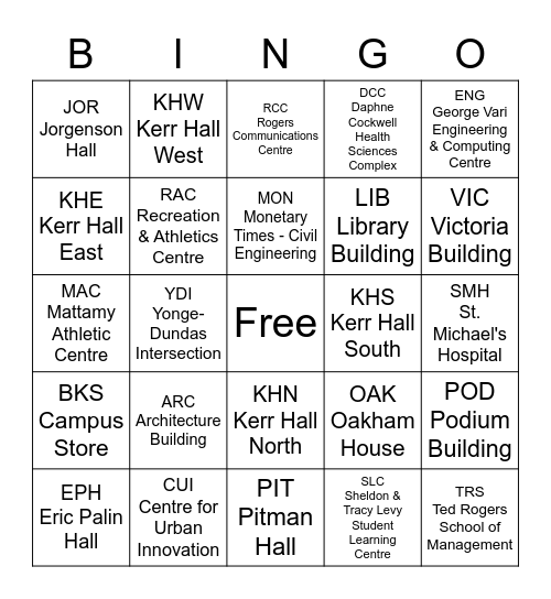 TMU Buildings BINGO Card