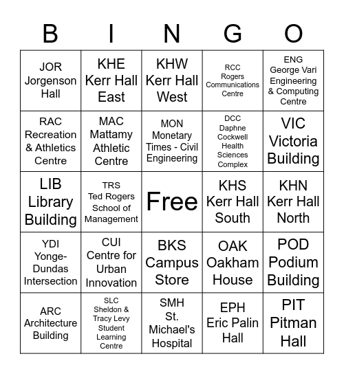 TMU Buildings BINGO Card