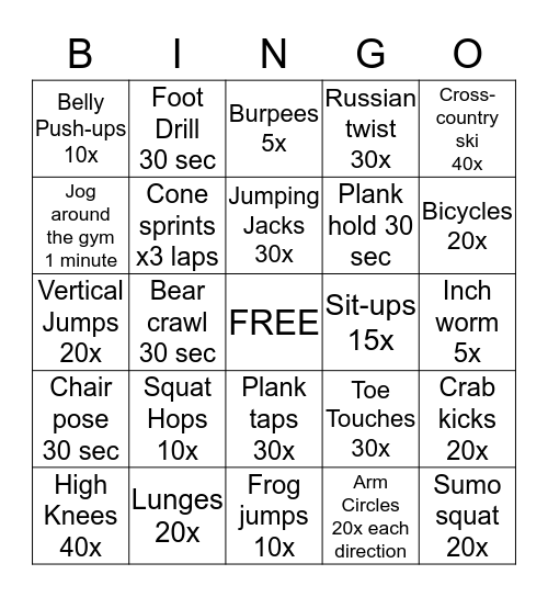Get Active! Bingo Card