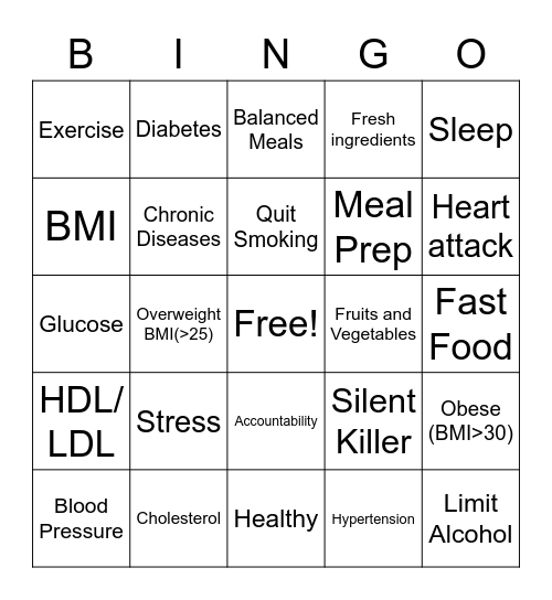 Healthy Hearts Bingo Card