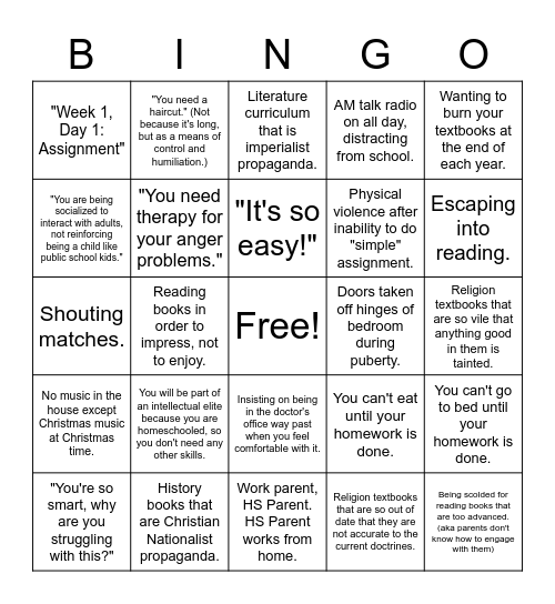 Homeschool Bingo Card