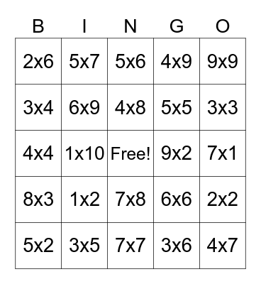 Multiplication Bingo Card
