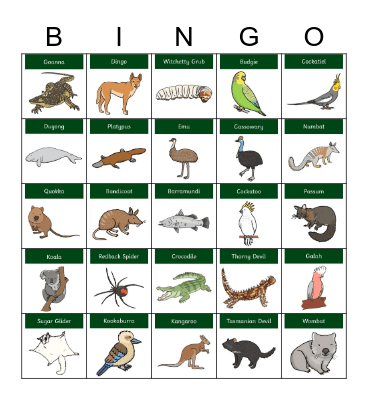 Australian Animals Bingo Card