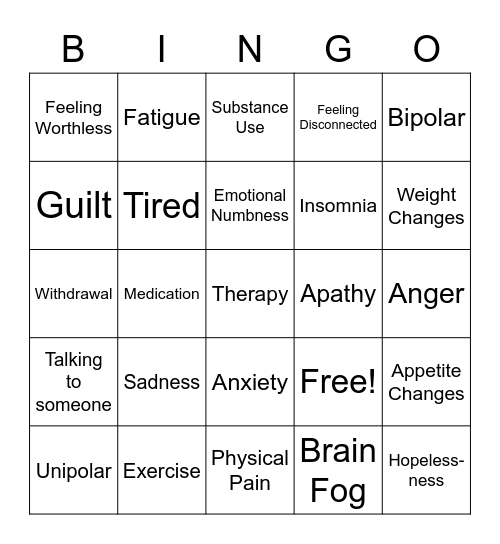 Depression Bingo Card