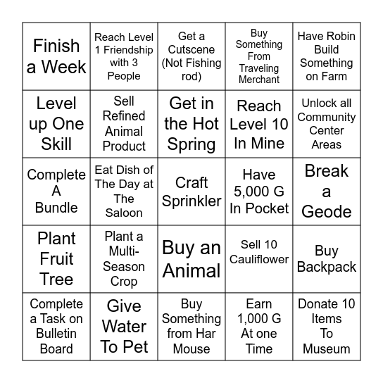 Stardew Valley Lockout Bingo Card