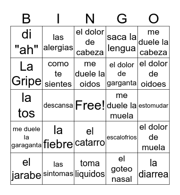 Spanish Bingo Card