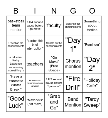 DSF Holiday Cafe BINGO Card