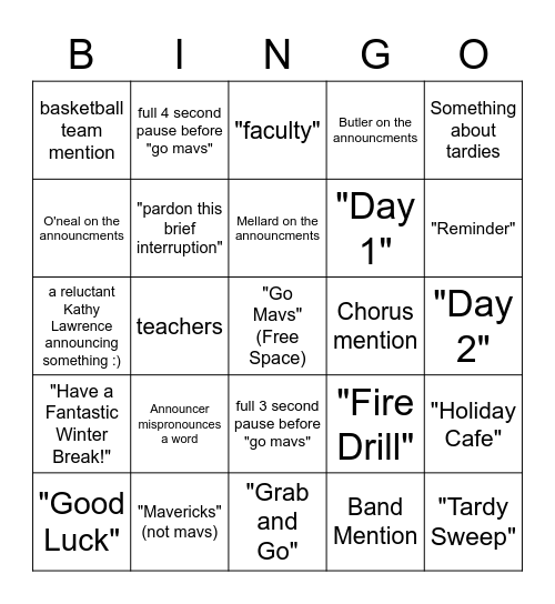 DSF Holiday Cafe BINGO Card