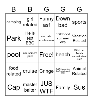 SUMMERTIME CONFESSIONS Bingo Card