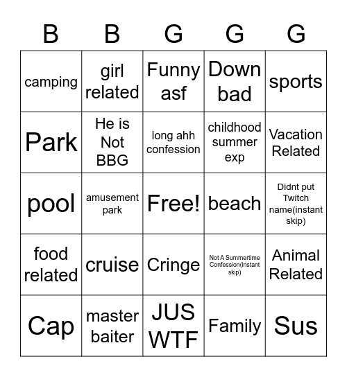 SUMMERTIME CONFESSIONS Bingo Card