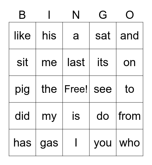 Sight Word Bingo Card