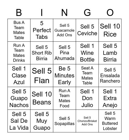 Guapo Taco Bingo Card