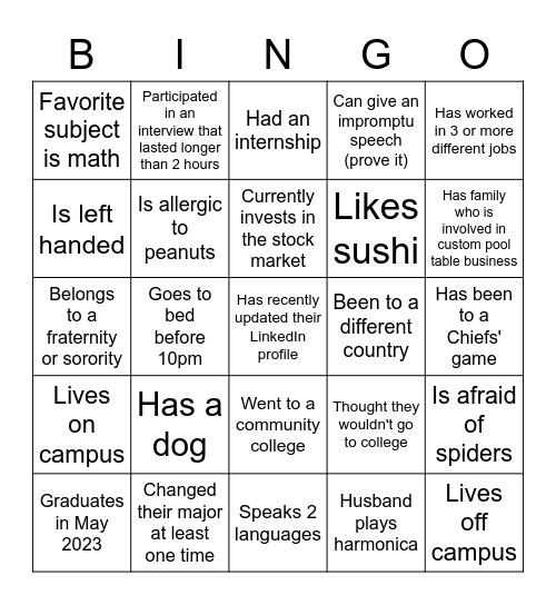 Fall Mixer Event Bingo Card