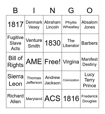 Antebellum United States Bingo Card