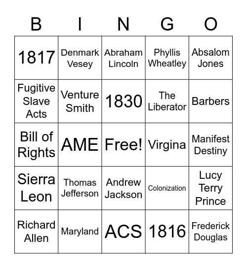 Antebellum United States Bingo Card