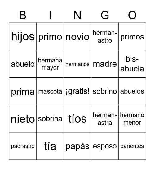 La familia en español Bingo Card