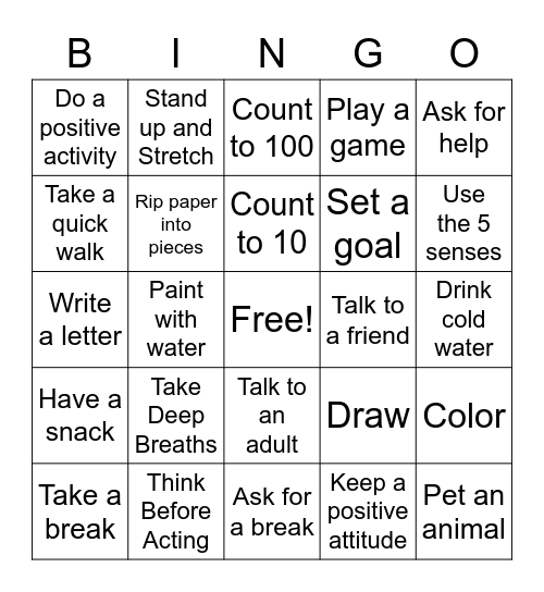 Coping Skills Bingo Card