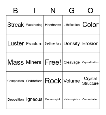 Rock Cycle Bingo Card