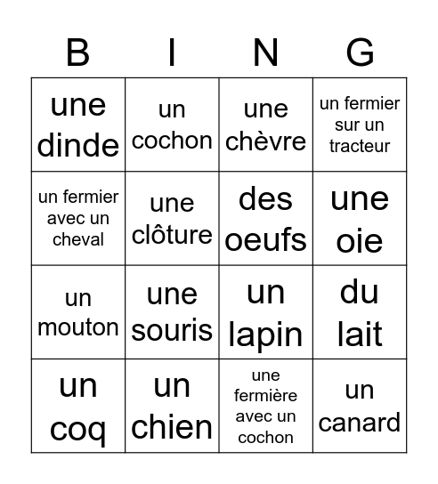 Bingo à la ferme Bingo Card