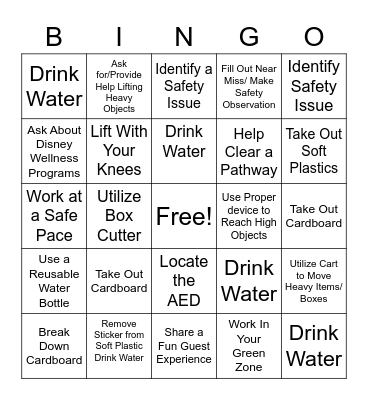 Safety, Environmentality, & Wellness Bingo Card