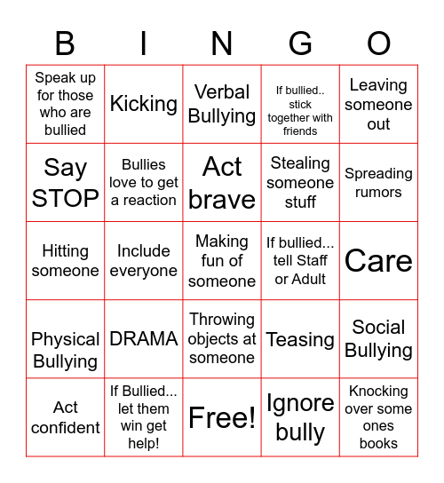 Bullying Bingo Card