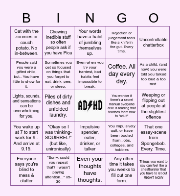 Undiagnosed ADHD v2 Bingo Card