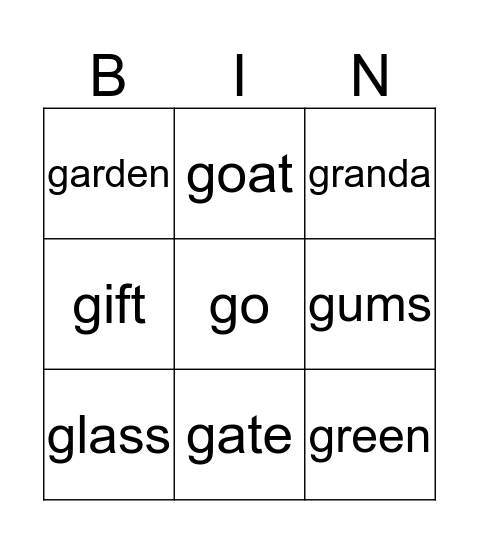 G    g Bingo Card