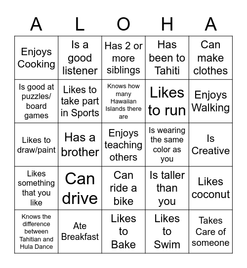 ALOHA BINGO: Get to know someone Bingo Card