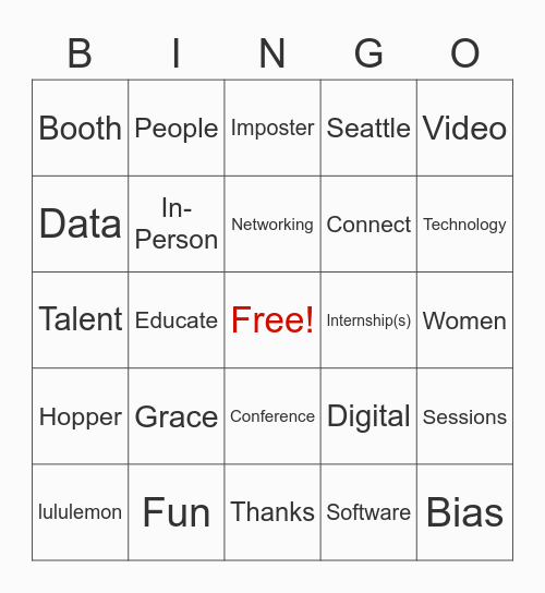 Grace Hopper Conference 2022 Bingo Card