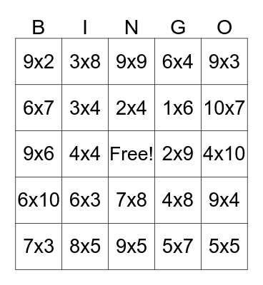 Multiplication Bingo! Bingo Card