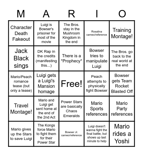 The Super Mario Bros. Movie Bingo Card