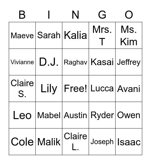 Room 1 Bingo Card