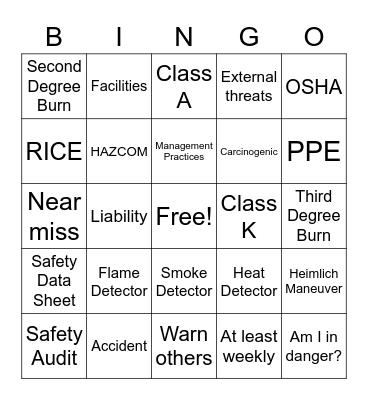 Workplace Safety Bingo Card