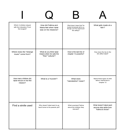 Iqbal: Chapters 12 and 13 Bingo Card