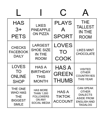 Lica Land Group Mancom Dinner Bingo Card