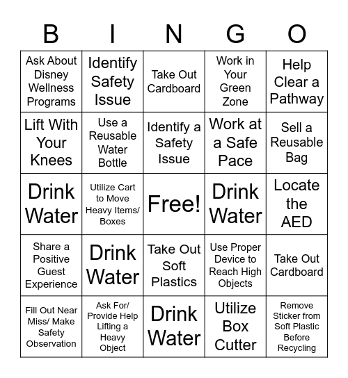 Safety, Enviromentality, and Wellness Bingo Card