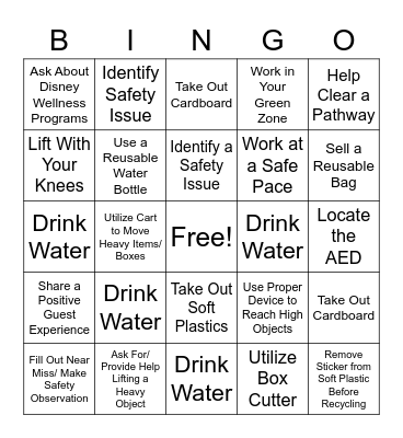 Safety, Enviromentality, and Wellness Bingo Card