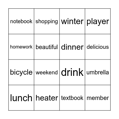 English Words Bingo Card