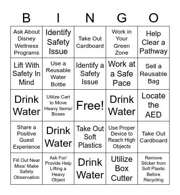 Safety, Enviromentality, and Wellness Bingo Card