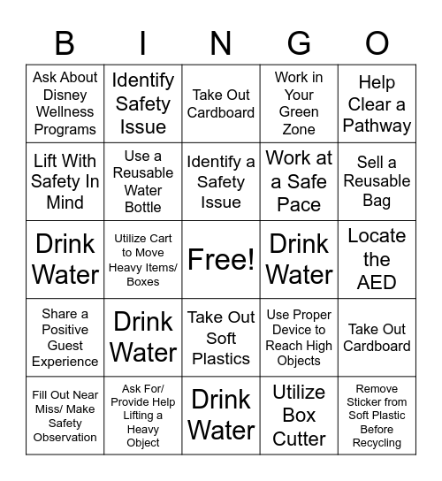 Safety, Enviromentality, and Wellness Bingo Card
