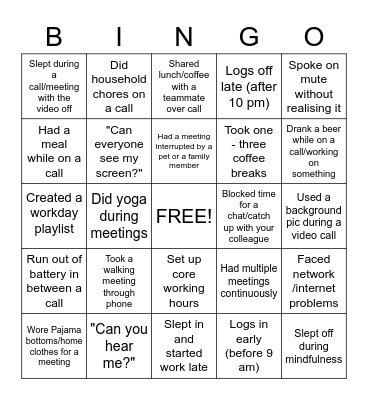 GA Remote working Bingo Card