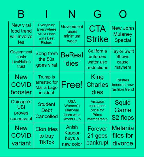 2023 Predictions Bingo Card