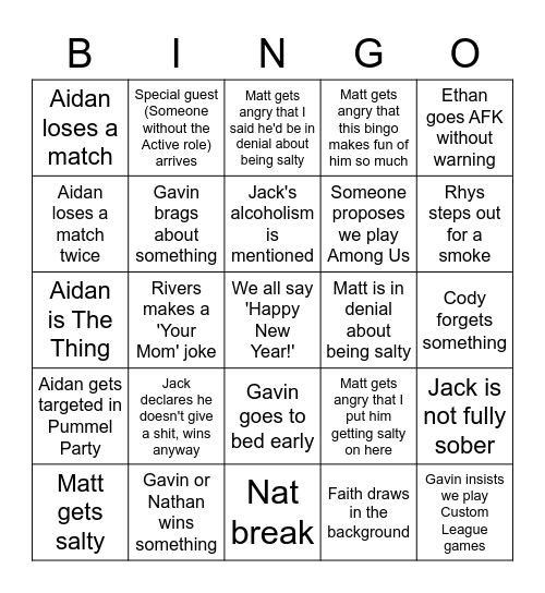 Temp Name New Year's Bingo Card