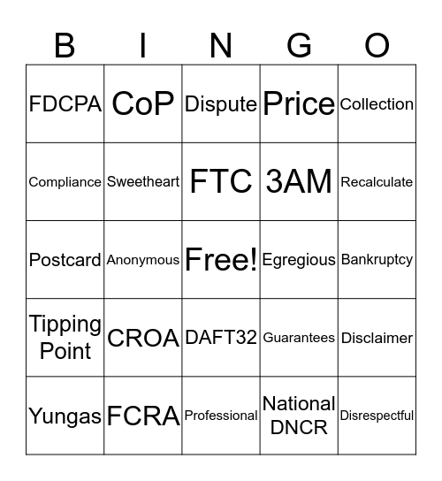 Compliance Bingo Card