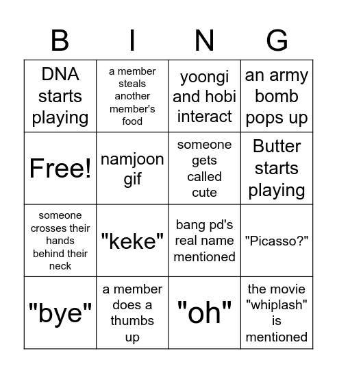 RUN! BTS Bingo Card
