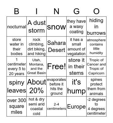 Desert Bingo Card