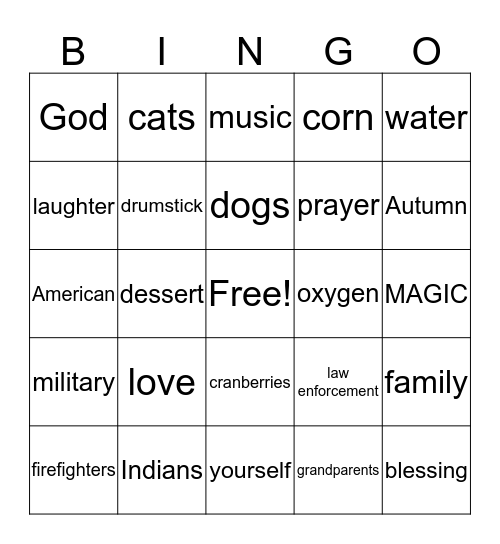 THANKSGIVING Dani Bingo Card