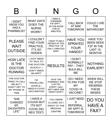 GENERAL PRACTICE BINGO Card